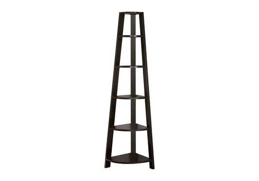 The 5 Tier Bookshelf is a dark wood, tall, narrow corner unit with five triangular shelves in an open, minimalist style. Designed to fit corners, this contemporary bookcase tapers toward the top and suits modern office spaces.
