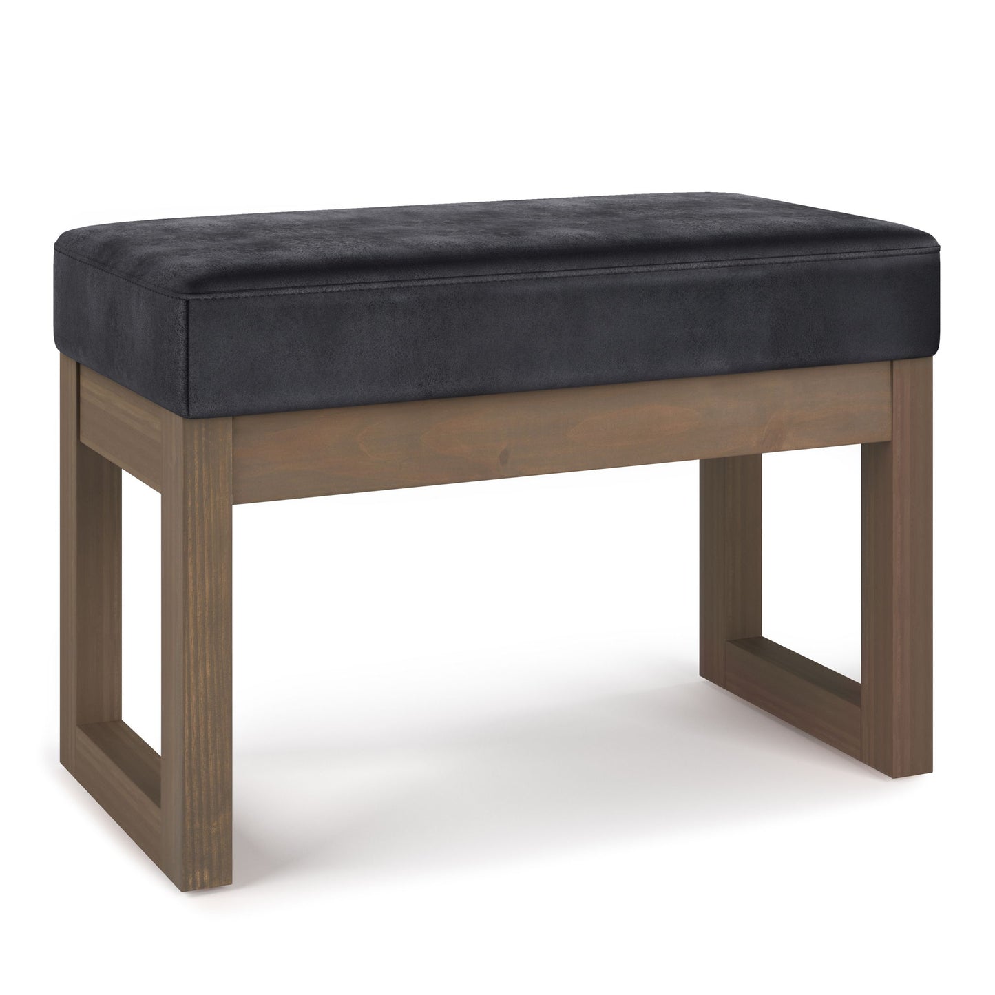 The Milltown - Upholstered Ottoman Bench features a modern, minimalist design with a cushioned black seat and a rectangular wooden frame with open sides.