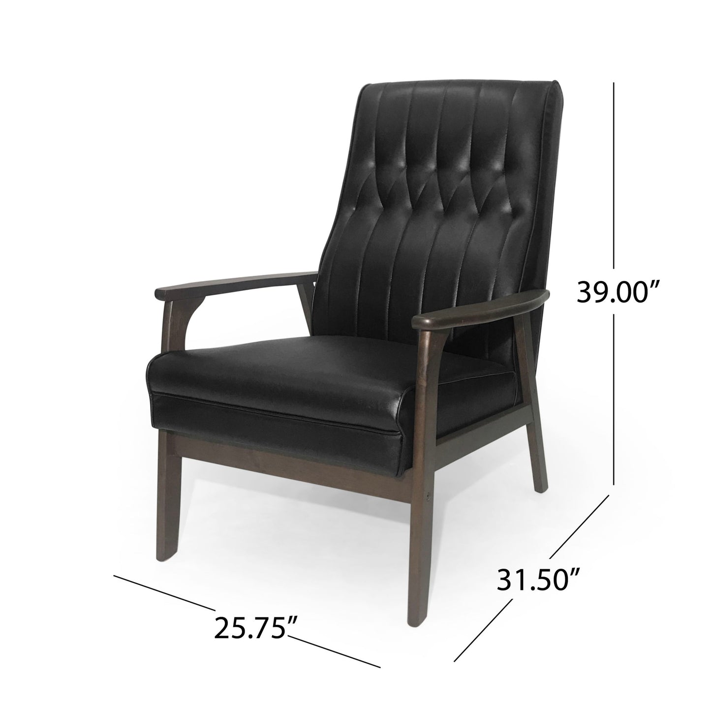 The Mid Century Modern Upholstered Accent Chair features a black tufted backrest with wooden arms and legs. Dimensions: 39" high, 31.5" deep, 25.75" wide.