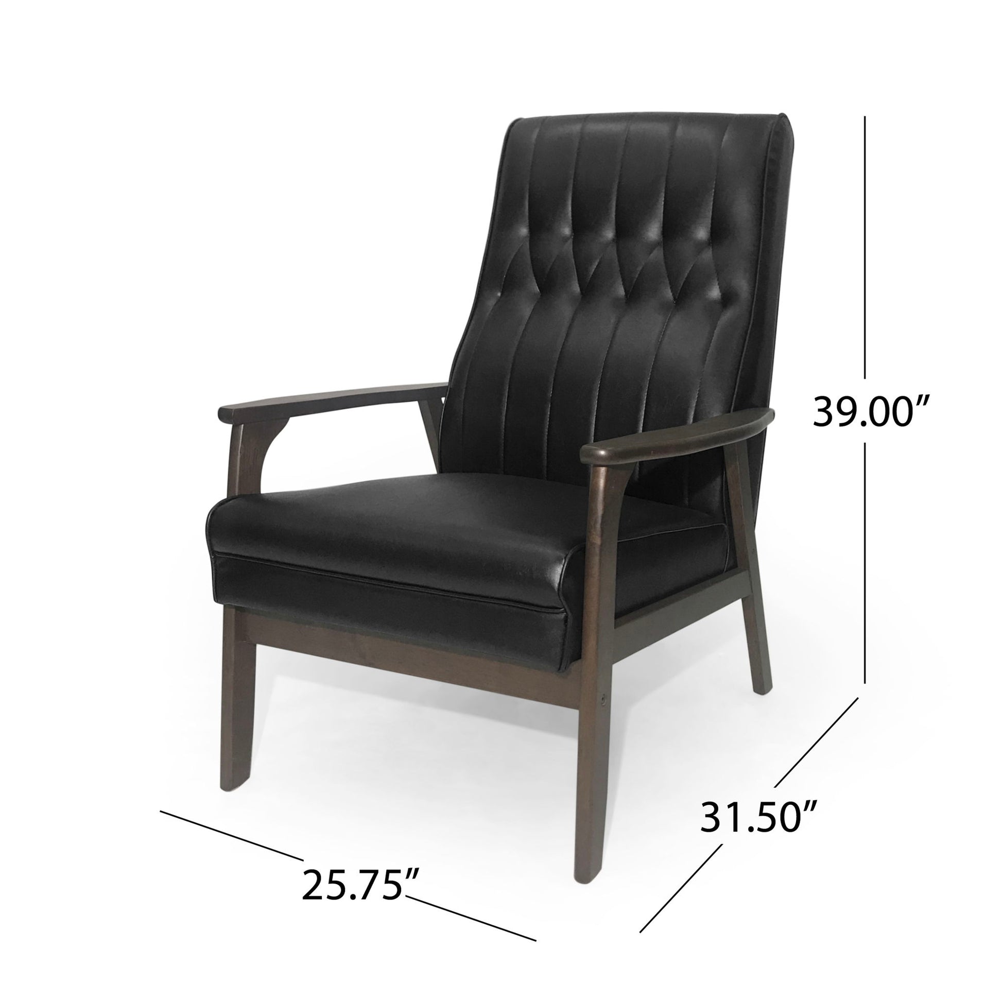 The Mid Century Modern Upholstered Accent Chair features a black tufted backrest with wooden arms and legs. Dimensions: 39" high, 31.5" deep, 25.75" wide.