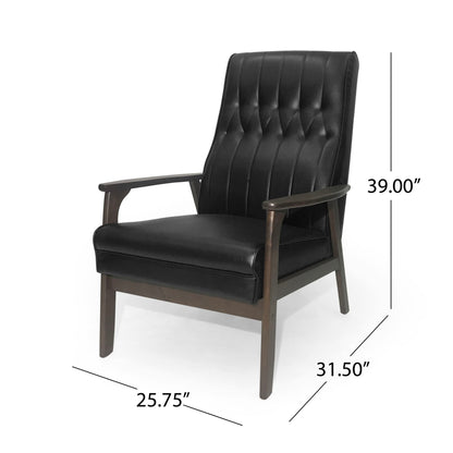 The Mid Century Modern Upholstered Accent Chair features a black tufted backrest with wooden arms and legs. Dimensions: 39" high, 31.5" deep, 25.75" wide.