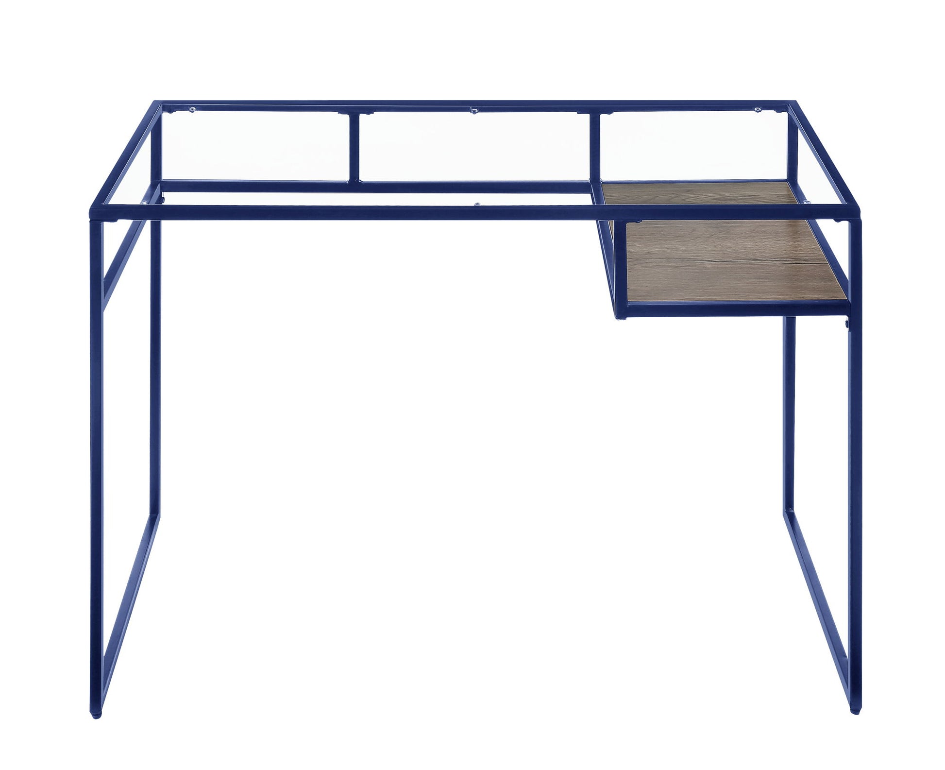 The Yasin Glass Top Writing Desk features a minimalist design with a blue metal frame and a right-side wooden shelf, shown from the front against a white background.