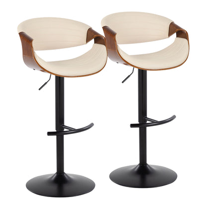 Set of 2 Symphony mid-century modern adjustable barstools with swivel, cream cushioned seats, curved wooden armrests, and black pedestal bases with rounded T footrests, placed side by side.