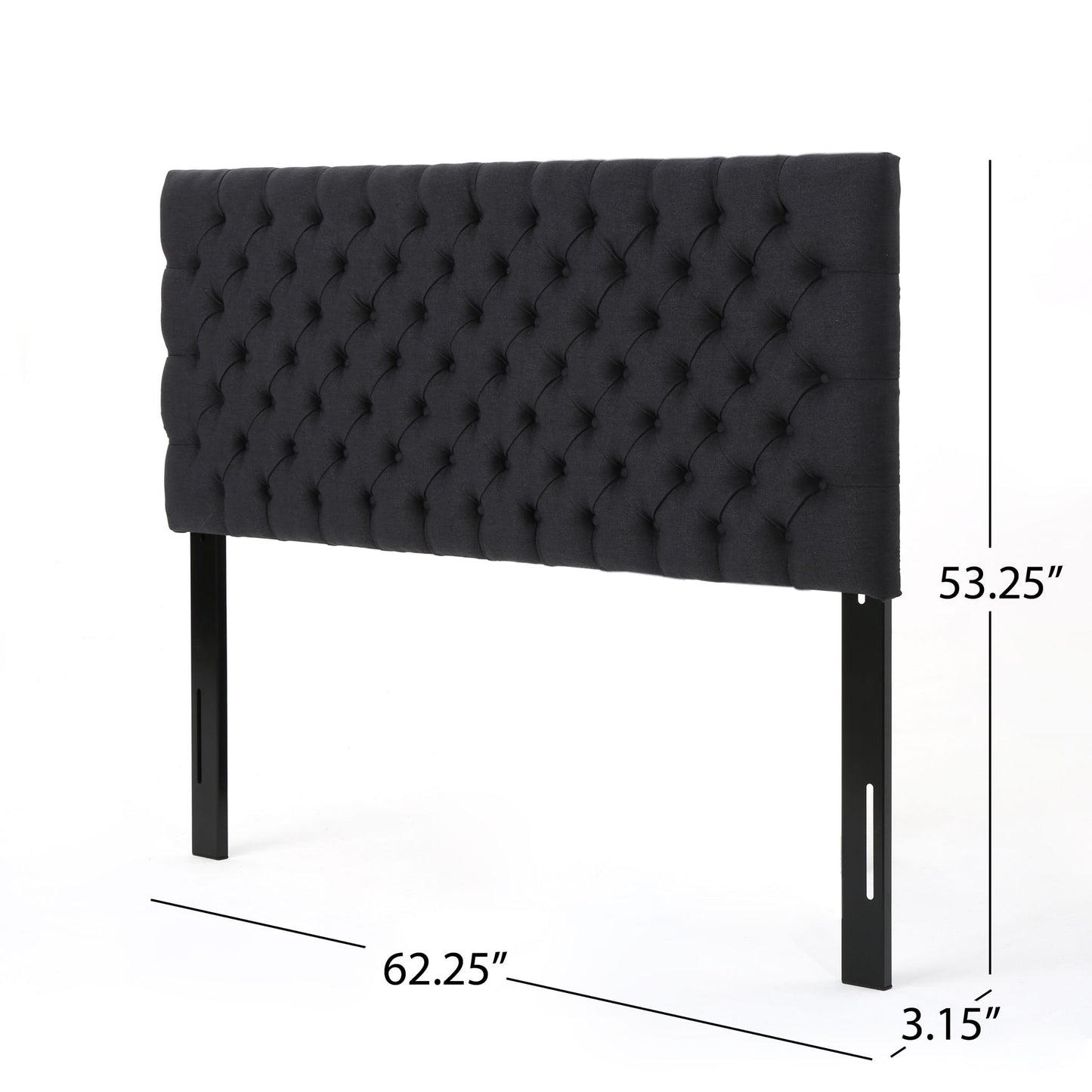 The Annecy - Contemporary Upholstered Headboard in black tufted fabric measures 53.25"H x 62.25"W x 3.15"D and is shown against a white background.