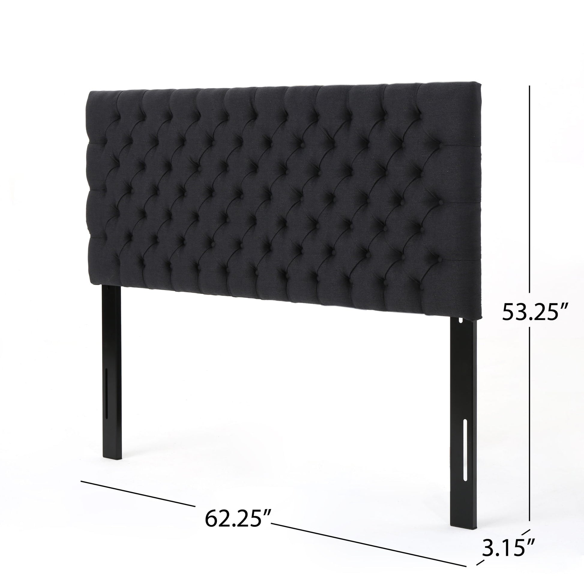 The Annecy - Contemporary Upholstered Headboard in black tufted fabric measures 53.25"H x 62.25"W x 3.15"D and is shown against a white background.