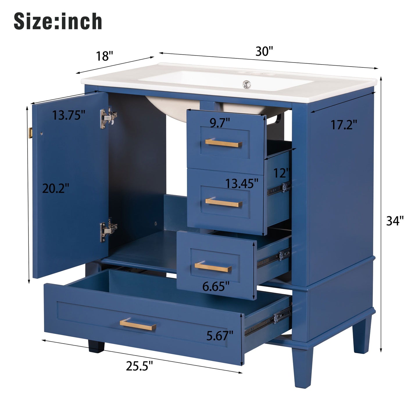 Modern blue bathroom vanity with white sink, solid wood frame, 3 drawers (including 1 large bottom drawer), cabinet with soft-closing door. Dimensions: 30"W x 18"D x 34"H. Drawer and cabinet sizes labeled in inches.