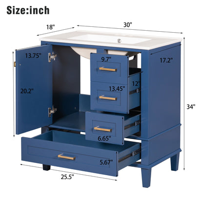 Modern blue bathroom vanity with white sink, solid wood frame, 3 drawers (including 1 large bottom drawer), cabinet with soft-closing door. Dimensions: 30"W x 18"D x 34"H. Drawer and cabinet sizes labeled in inches.