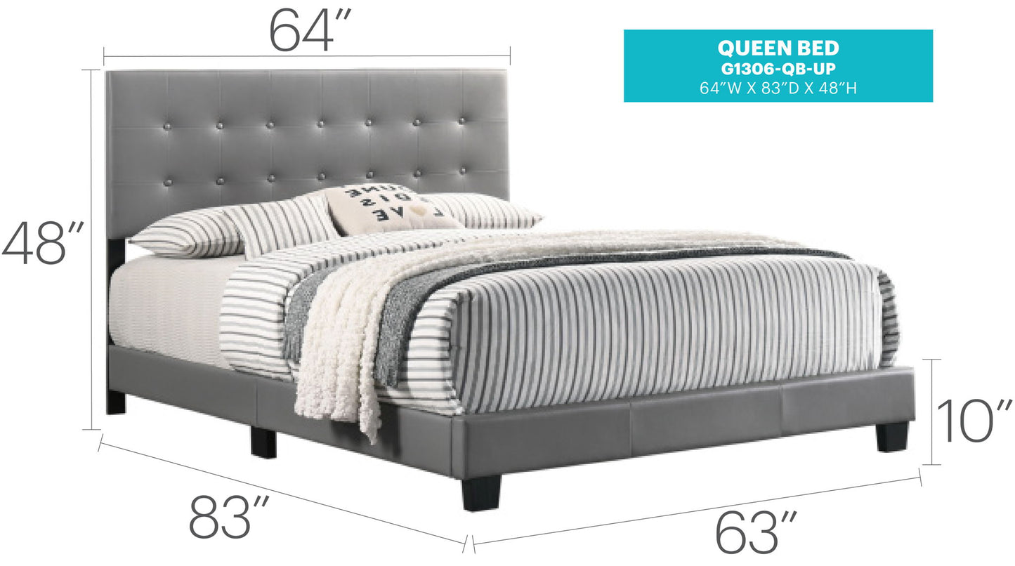 The Caldwell - Bed, a modern queen with a tufted gray upholstered headboard, is displayed with striped bedding and a throw blanket. Dimensions: 64"W x 83"D x 48"H; frame height: 10". Product label appears in the top right corner.