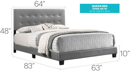 The Caldwell - Bed, a modern queen with a tufted gray upholstered headboard, is displayed with striped bedding and a throw blanket. Dimensions: 64"W x 83"D x 48"H; frame height: 10". Product label appears in the top right corner.