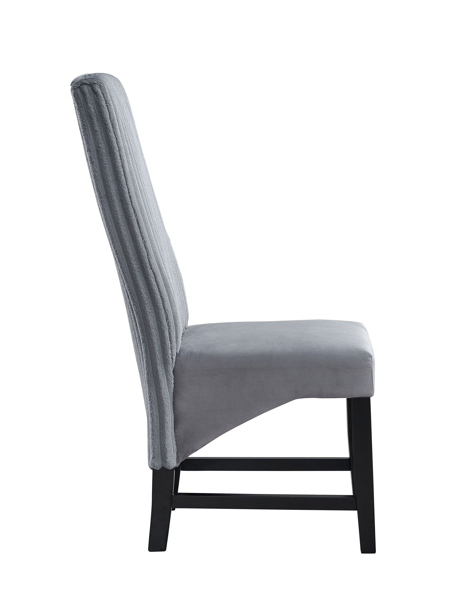 Side view of the Kini - Corduroy Side Chair, featuring a tall, padded back and seat in gray corduroy fabric with sturdy black wooden legs and crossbars. Sold as a set of 2.