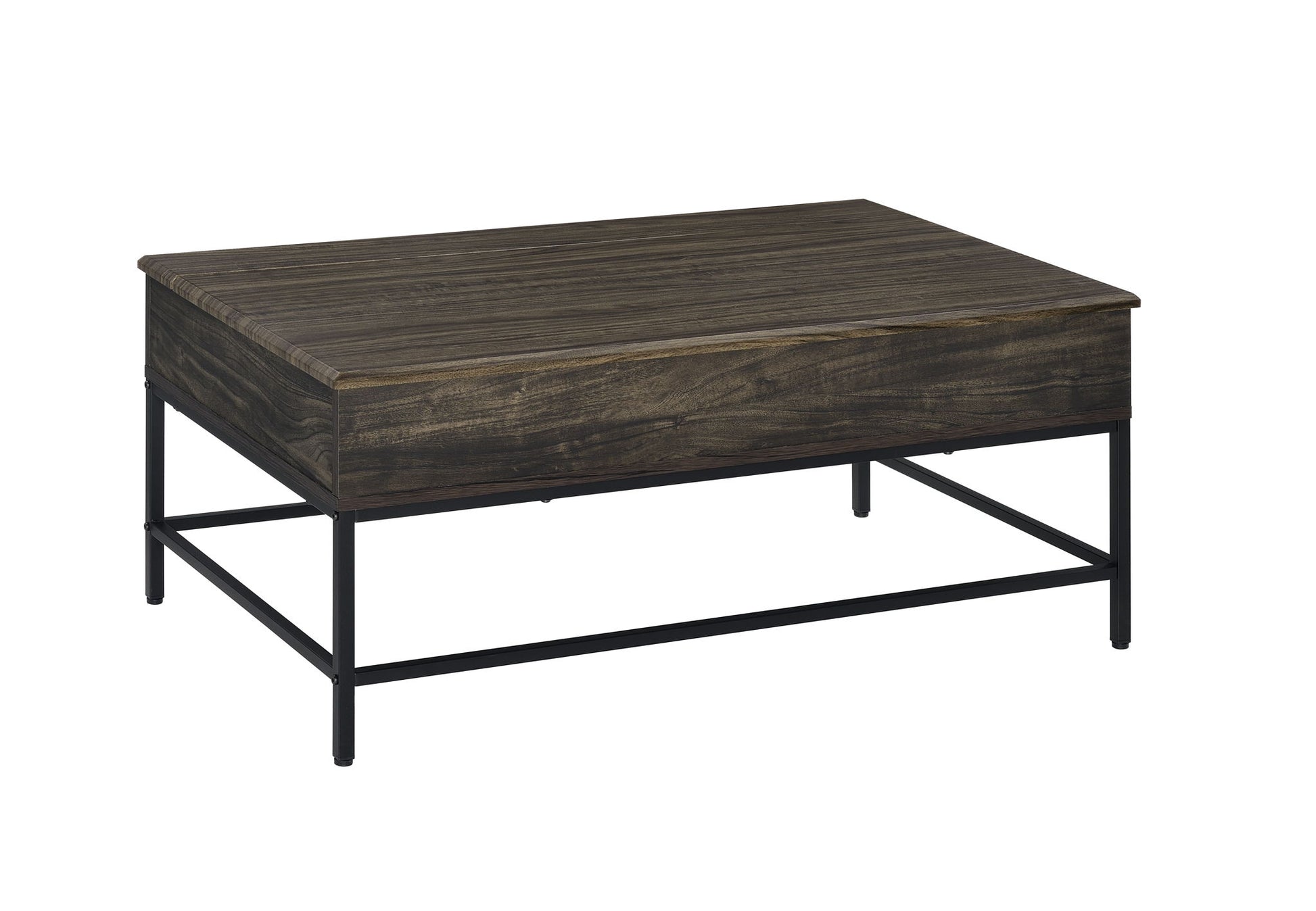 The Cliff - Modern Design Table is a rectangular wooden coffee table with a dark wood finish and black metal legs, offering a sleek, modern look.
