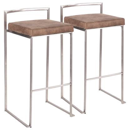 Two Fuji stackable barstools with contemporary metal frames, brown square cushioned seats, and low rectangular backs are placed side by side against a white background.