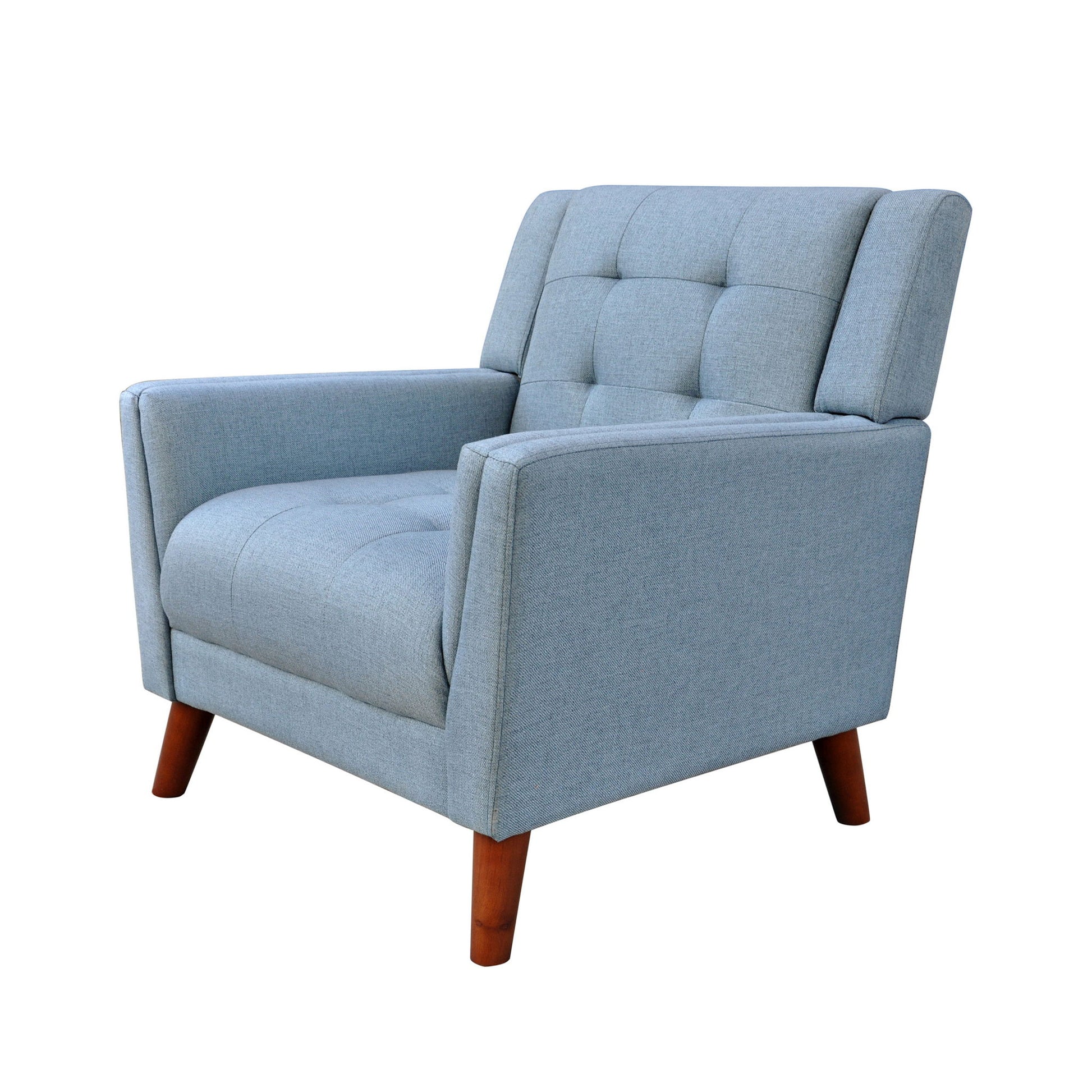 The Luminaesque Fabric Upholstered Armchair features a light blue tufted back, angled armrests, and four wooden legs, shown against a white background.