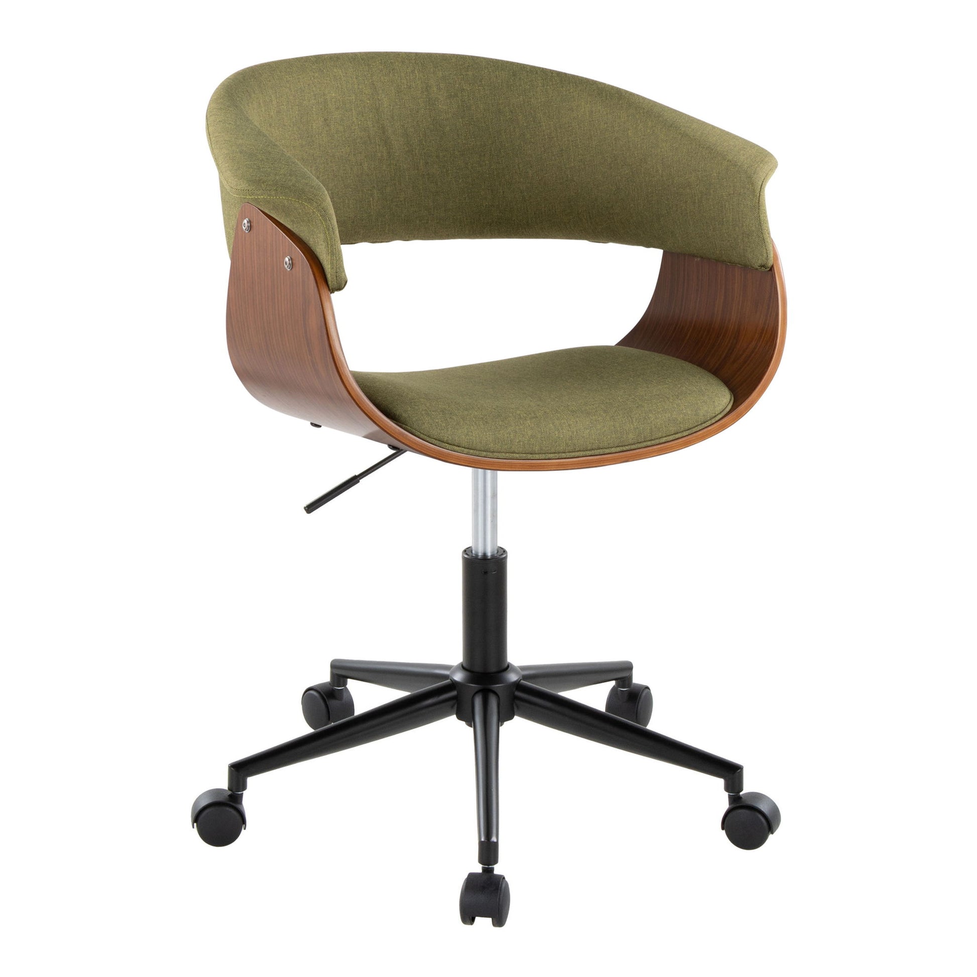 The Vintage Mod - Mid Century Modern Office Chair features a curved wooden frame, olive green upholstered seat and backrest, metal gas lift, and a black five-star base with casters for easy mobility.