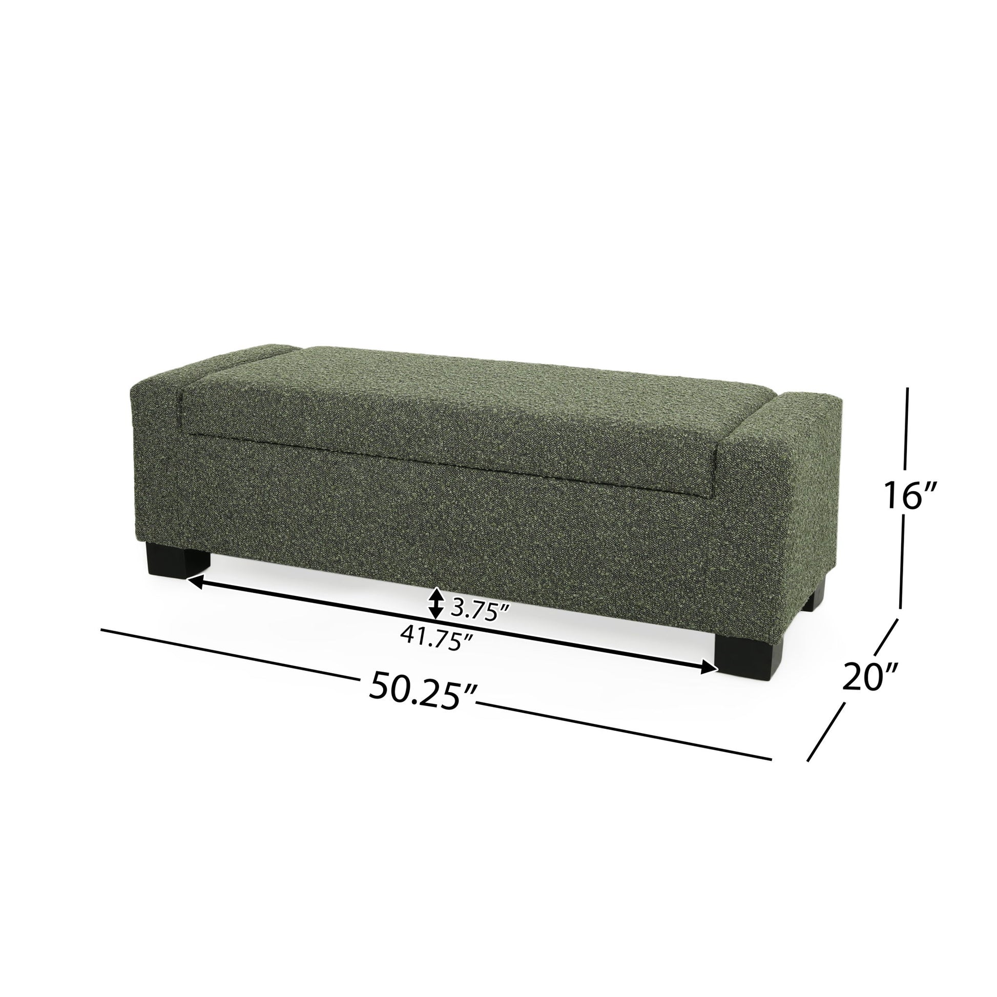 Textured Fabric Ottoman Bench With Hinged Lid, green with black legs, shown angled. Measures 50.25"W x 20"D x 16"H; interior storage depth is 3.75" x 41.75".