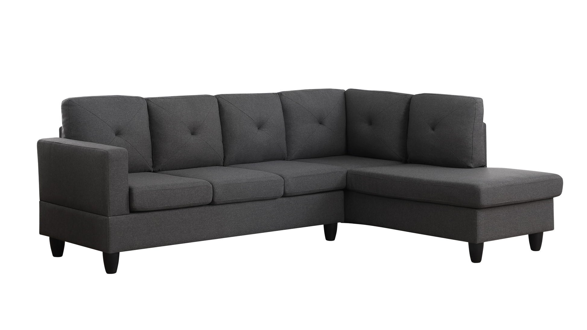 The Santiago Linen Sectional Sofa features a dark gray L-shape design with tufted seat and back cushions, short black legs, and a right-facing chaise lounge.