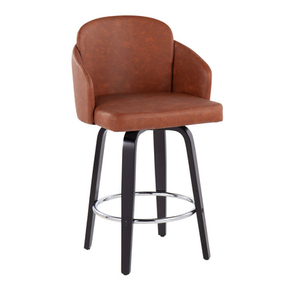 The Dahlia Contemporary Counter Stool (Set of 2) features brown leather, a curved backrest, cushioned seat, black wooden legs, and a round chrome footrest.