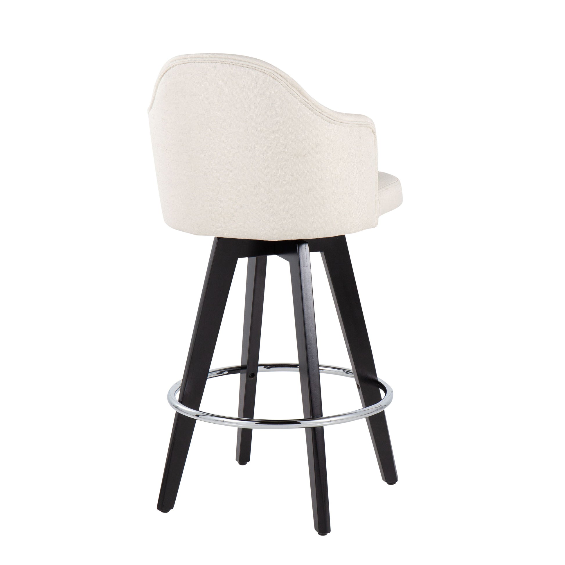 The Ahoy Contemporary Fixed Height Counter Stool, featuring a white cushioned seat and backrest, dark wooden legs, and a circular metal footrest, showcases its sleek design in a rear view. Available as a set of 2.