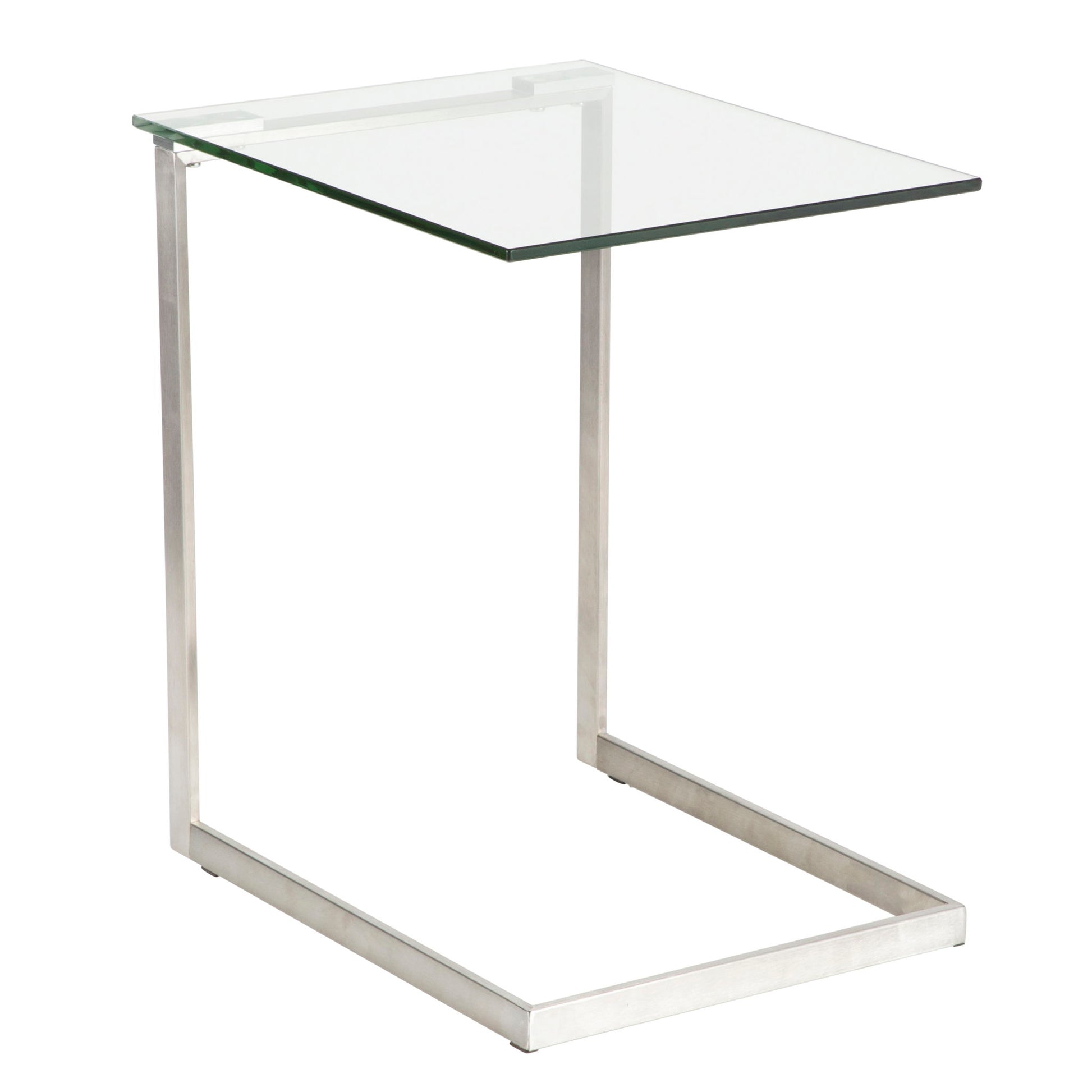 The Zenn Contemporary End Table features a clear glass top and a sleek silver metal C-shaped frame, designed to slide its base under furniture for added convenience.
