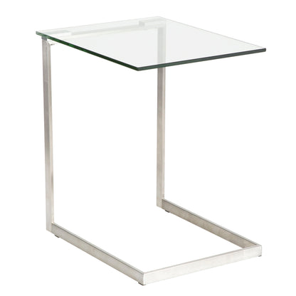 The Zenn Contemporary End Table features a clear glass top and a sleek silver metal C-shaped frame, designed to slide its base under furniture for added convenience.