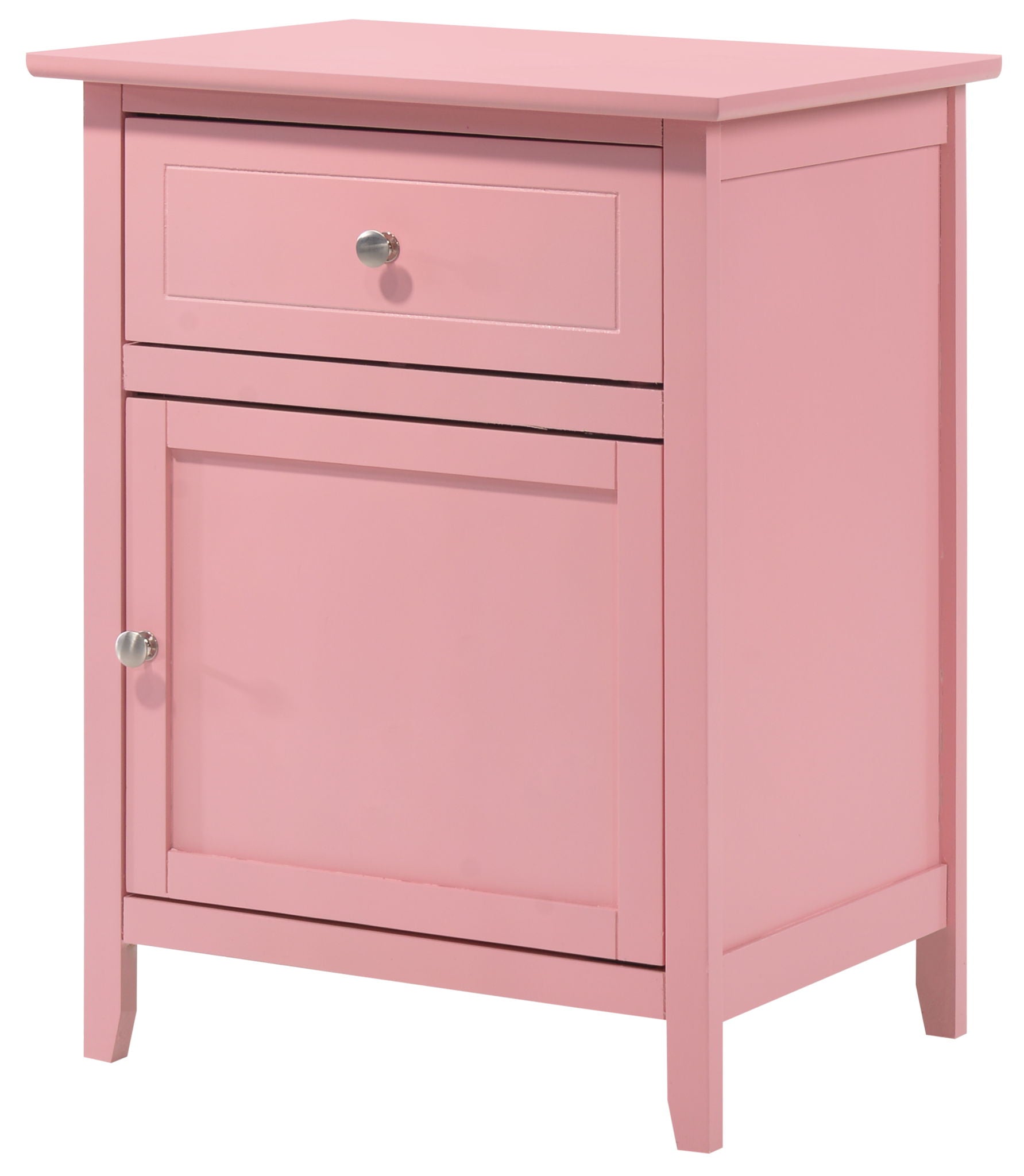 The Izzy nightstand is a pink wooden piece with one top drawer and a lower cabinet door, both with silver knobs, standing on four legs.