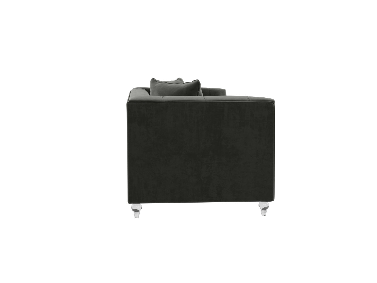 Side view of the Bea Velvet Tufted Sofa in dark green with square arms and two matching cushions, supported by four glossy, transparent legs against a plain white background.