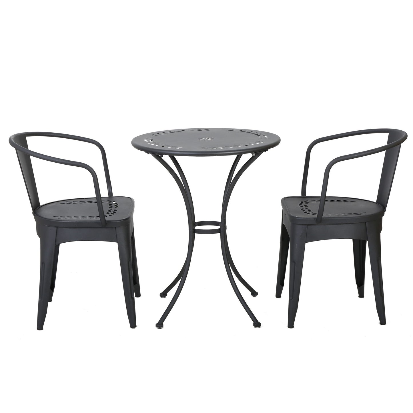 The Ambrosia 3 Piece Bistro Set features a black metal round table and two matching chairs with curved armrests and leaf motif details, all displayed on a white background.