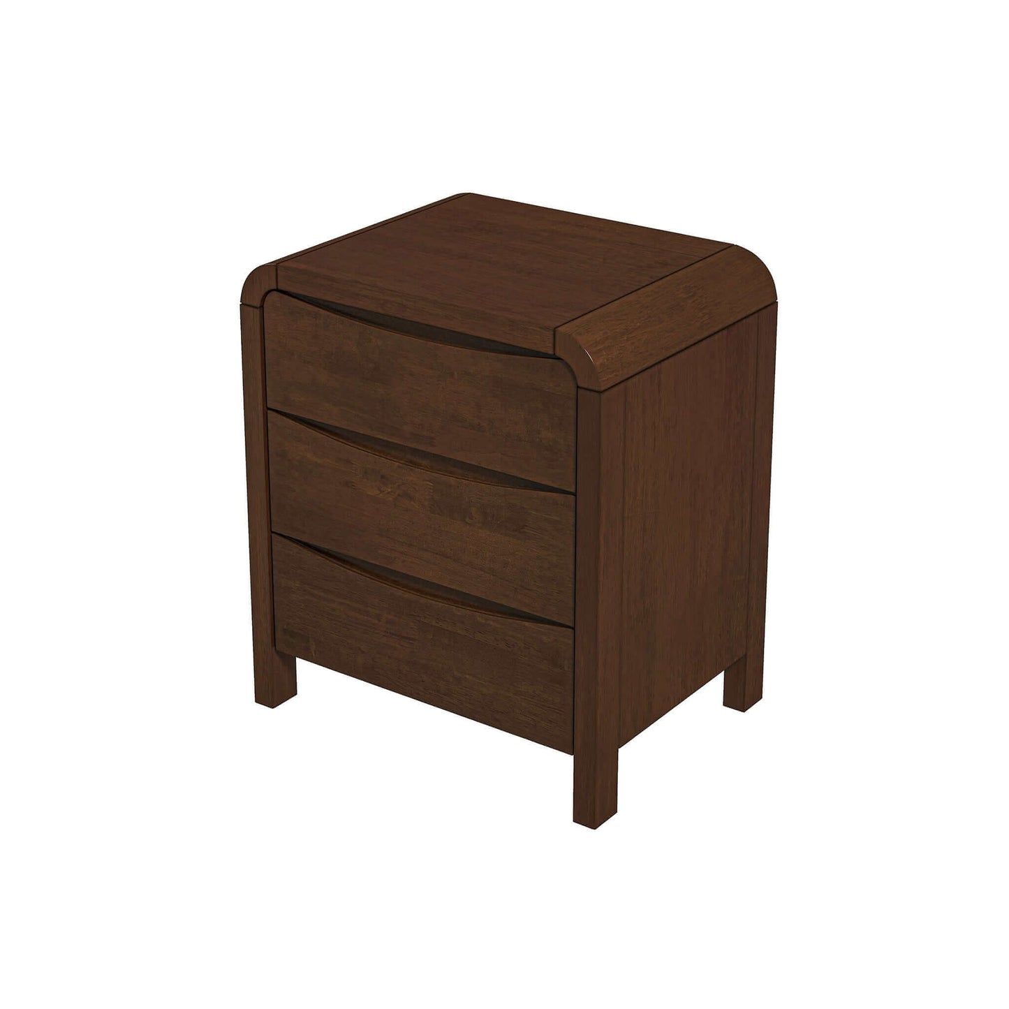 The Lionel Mid-Century Modern Nightstand is a brown wooden bedside table featuring three drawers and simple square legs, shown against a white background.