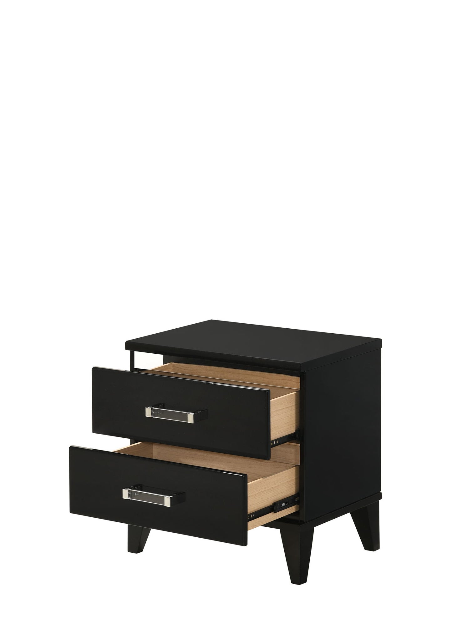 The Chelsie - Nightstand - Black features two drawers with natural wood interiors, sleek silver handles, and stands on four angled legs.