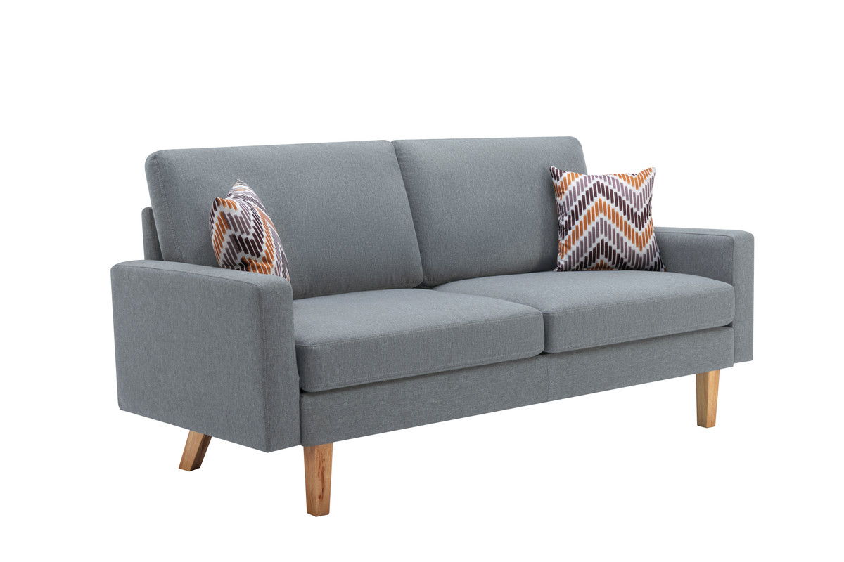 The Bahamas Sofa Set features a modern gray fabric design with wooden legs, two seat and back cushions, plus two colorful chevron-patterned throw pillows.