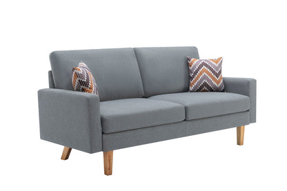 The Bahamas Sofa Set features a modern gray fabric design with wooden legs, two seat and back cushions, plus two colorful chevron-patterned throw pillows.