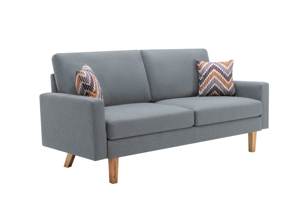 The Bahamas is a modern grey fabric minimalistic sofa with wooden legs, two seat and back cushions, plus two geometric-patterned throw pillows in orange, white, and gray.