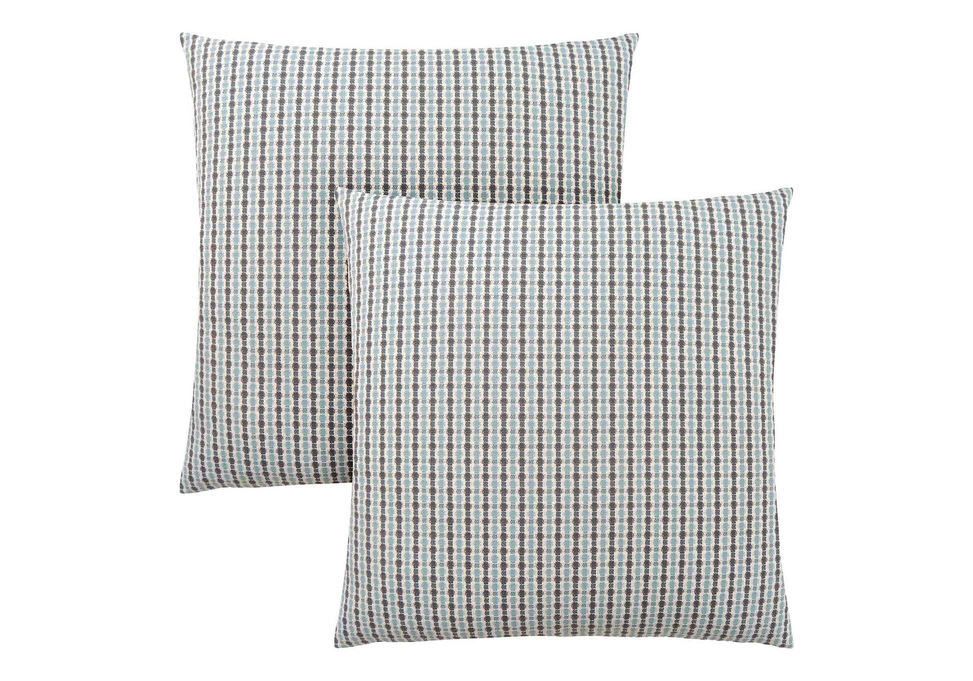 Two square decorative throw pillows with inserts, featuring a small checkered pattern in neutral colors, are shown slightly overlapping on a white background; they are hypoallergenic.