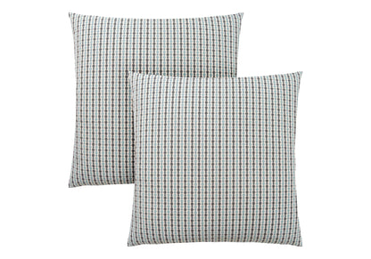 Two square decorative throw pillows with inserts, featuring a small checkered pattern in neutral colors, are shown slightly overlapping on a white background; they are hypoallergenic.