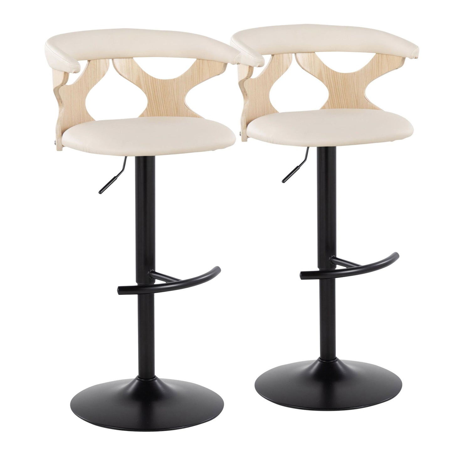 Set of 2 Gardenia contemporary adjustable barstools with swivel, featuring light wood curved backs with open circular cutouts, cream cushioned seats, black metal pedestal bases, and rounded T footrests.