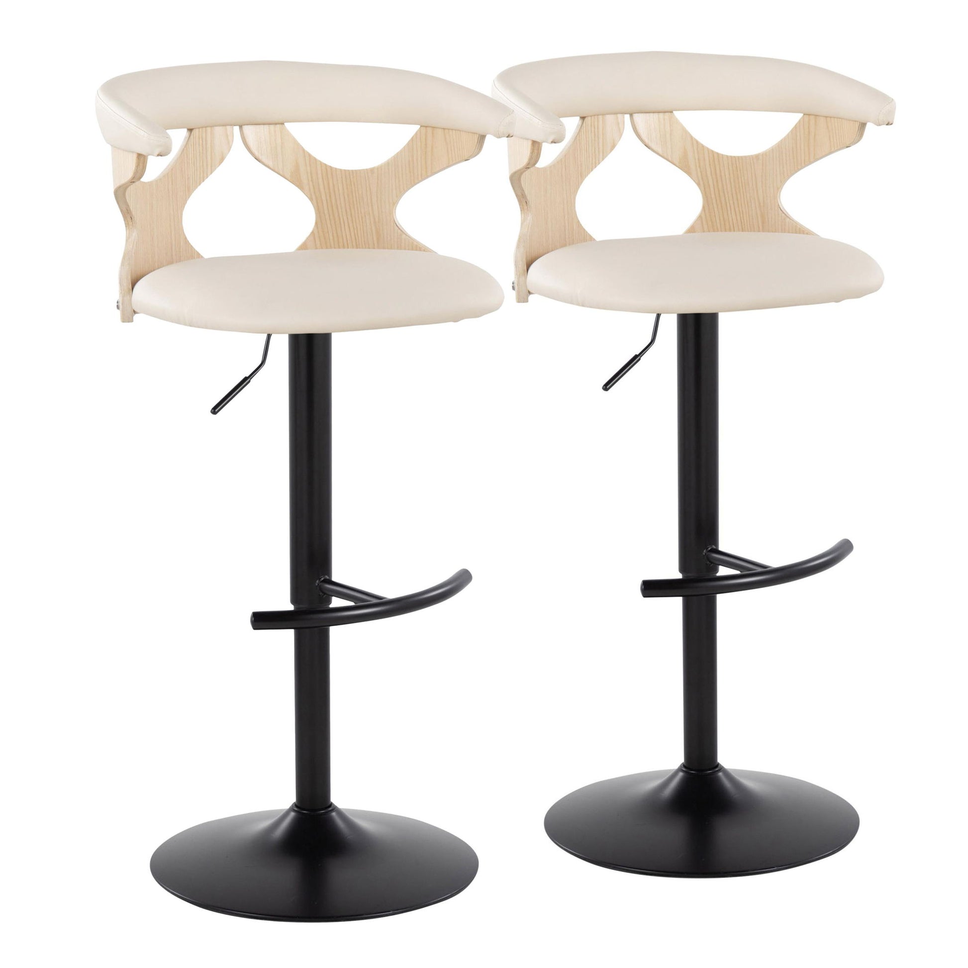 Set of 2 Gardenia contemporary adjustable barstools with swivel, featuring light wood curved backs with open circular cutouts, cream cushioned seats, black metal pedestal bases, and rounded T footrests.