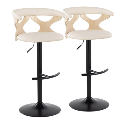 Set of 2 Gardenia contemporary adjustable barstools with swivel, featuring light wood curved backs with open circular cutouts, cream cushioned seats, black metal pedestal bases, and rounded T footrests.