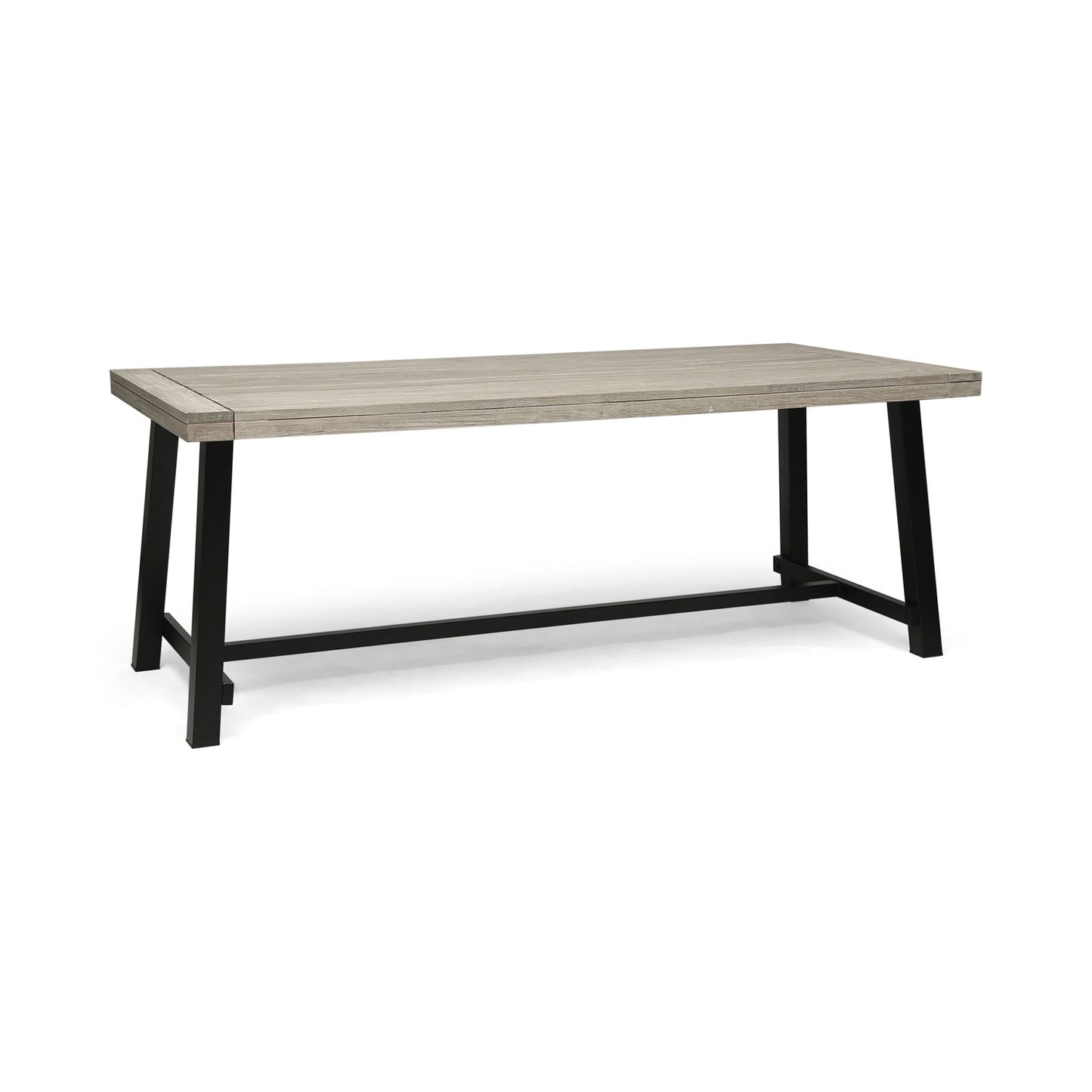The Equilibrium Outdoor Dining Table features a wooden frame with a slat top and boasts a sleek, modern design perfect for outdoor settings.
