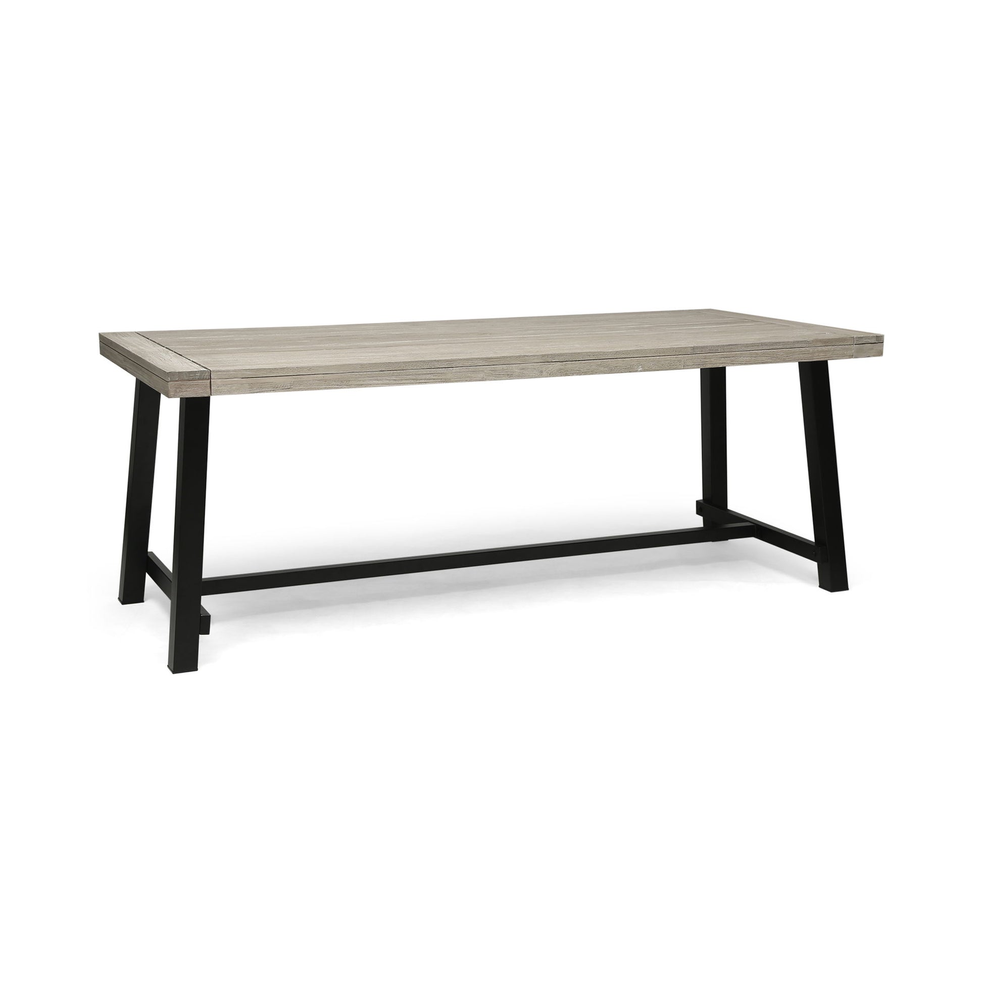 The Equilibrium Outdoor Dining Table features a wooden frame with a slat top and boasts a sleek, modern design perfect for outdoor settings.