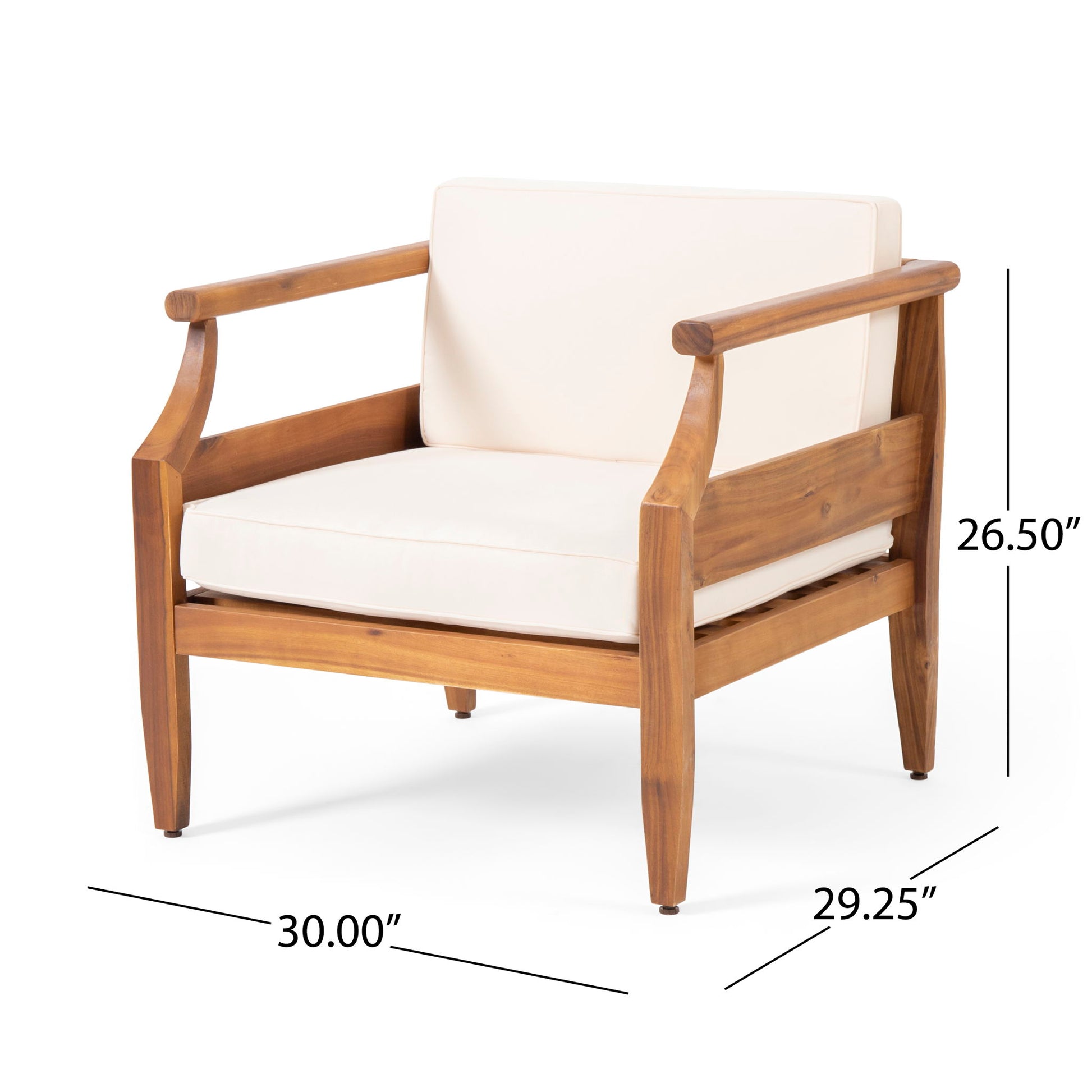The Outdoor Club Chair With Recessed Arms And Cushions features slightly curved armrests, cream cushions, and measures 26.5" tall, 30" wide, and 29.25" deep.