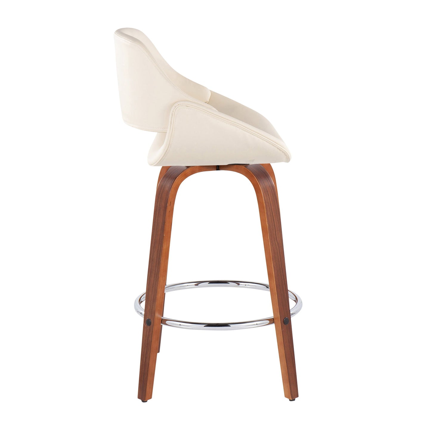 The Fabrico Mid Century Modern Counter Stool features a cream cushioned seat, wooden legs, and a round chrome footrest. Displayed from the side, this fixed height stool (set of 2) is set against a white background.