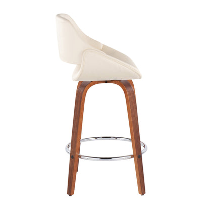 The Fabrico Mid Century Modern Counter Stool features a cream cushioned seat, wooden legs, and a round chrome footrest. Displayed from the side, this fixed height stool (set of 2) is set against a white background.