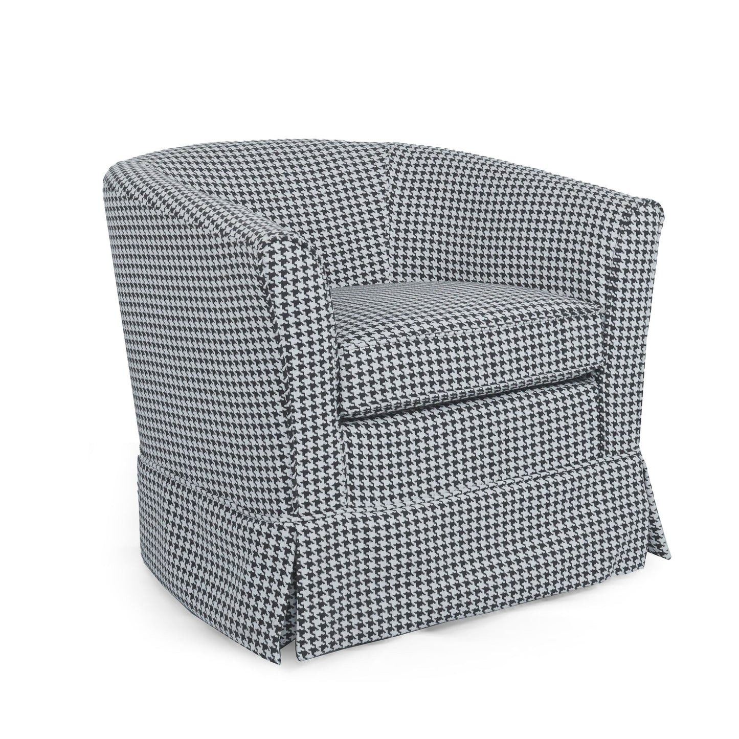 The Zeniqua Upholstered Velvet Swivel Chair features a modern barrel shape, loose cover, and a tailored skirt with pleats at the bottom corners for a stylish and comfortable seating option.
