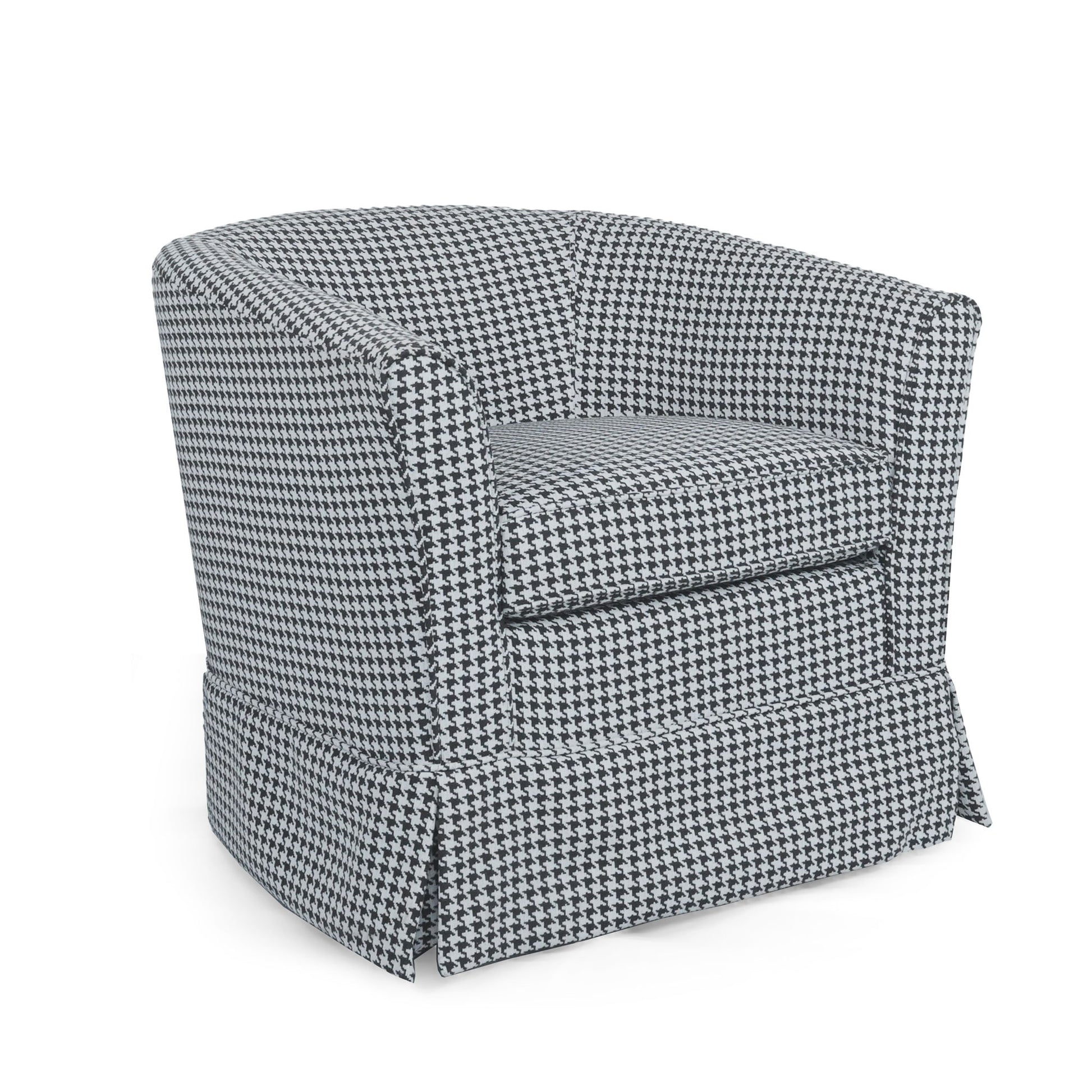 The Zeniqua Upholstered Velvet Swivel Chair features a modern barrel shape, loose cover, and a tailored skirt with pleats at the bottom corners for a stylish and comfortable seating option.
