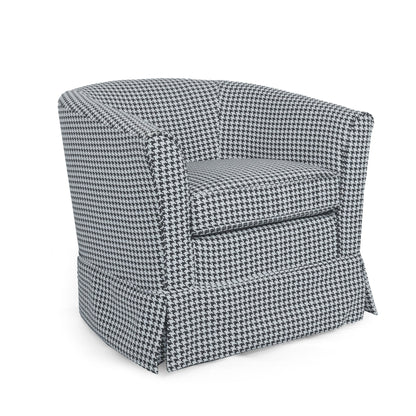The Zeniqua Upholstered Velvet Swivel Chair features a modern barrel shape, loose cover, and a tailored skirt with pleats at the bottom corners for a stylish and comfortable seating option.