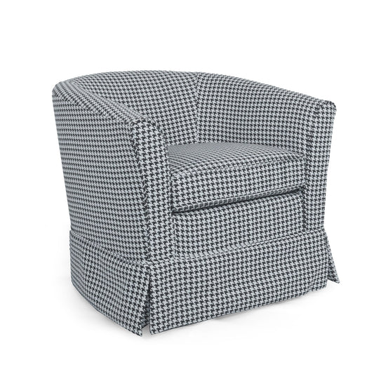 The Zeniqua Upholstered Velvet Swivel Chair features a modern barrel shape, loose cover, and a tailored skirt with pleats at the bottom corners for a stylish and comfortable seating option.