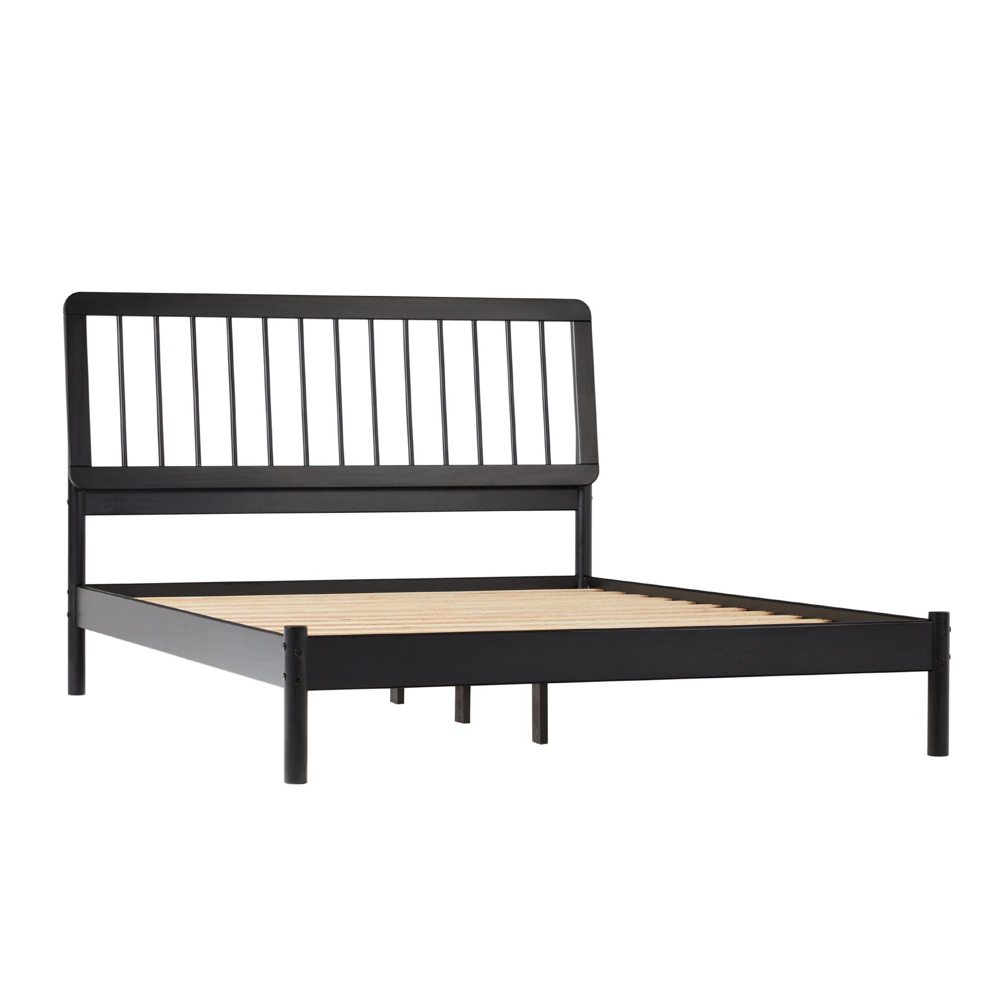 The Mid-Century Modern Solid Wood Spindle Bed features a black metal frame, a slatted headboard, and wooden slats for mattress support, displayed without a mattress against a white background.
