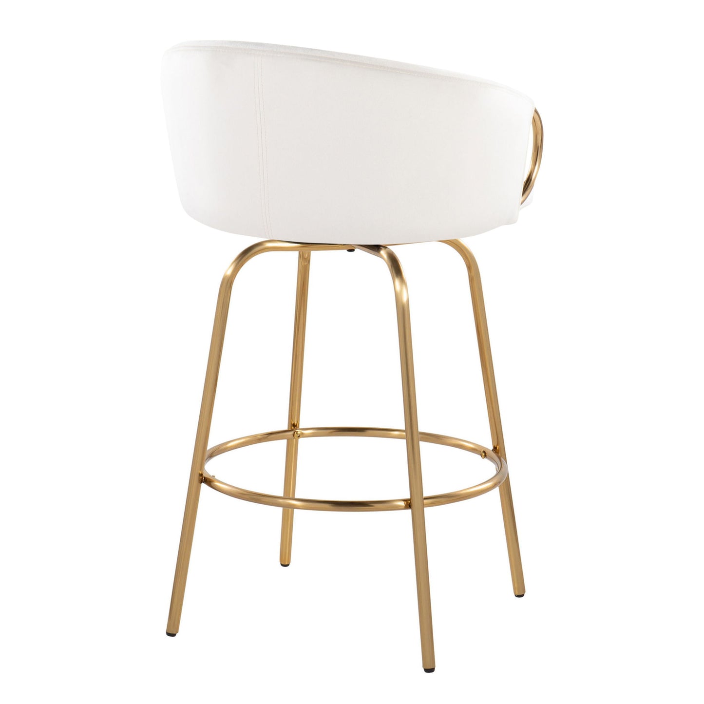 The Claire - Contemporary & Glam Counter Stool (Set of 2) features a white upholstered, curved backrest and seat, four gold metal legs, and a circular footrest for a sleek, elegant look.