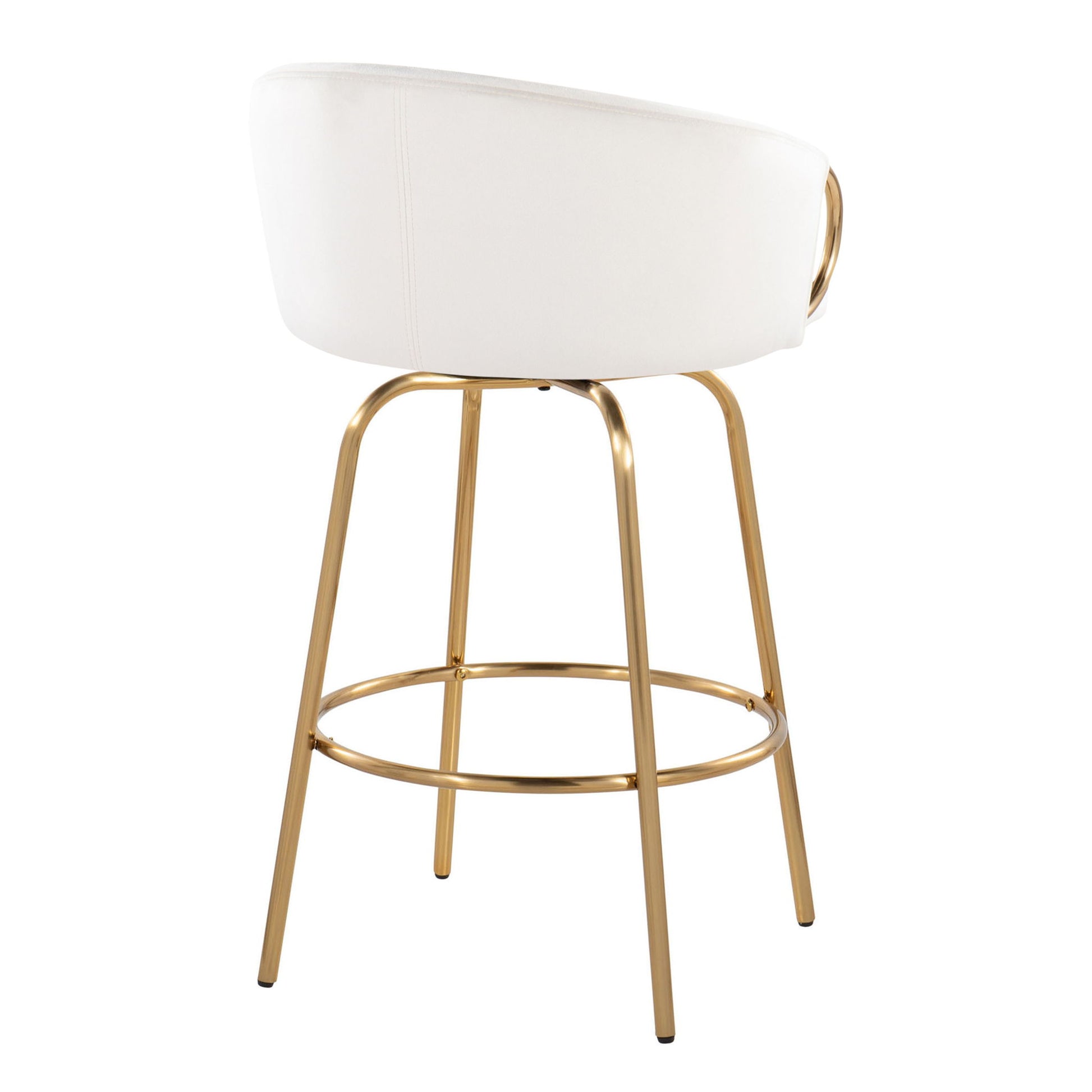 The Claire - Contemporary & Glam Counter Stool (Set of 2) features a white upholstered, curved backrest and seat, four gold metal legs, and a circular footrest for a sleek, elegant look.