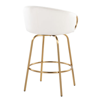 The Claire - Contemporary & Glam Counter Stool (Set of 2) features a white upholstered, curved backrest and seat, four gold metal legs, and a circular footrest for a sleek, elegant look.